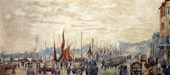 Ethel Harker Harbour scene with troops and ambulances, by the beach in Boulogne, 9 x 20.5in.